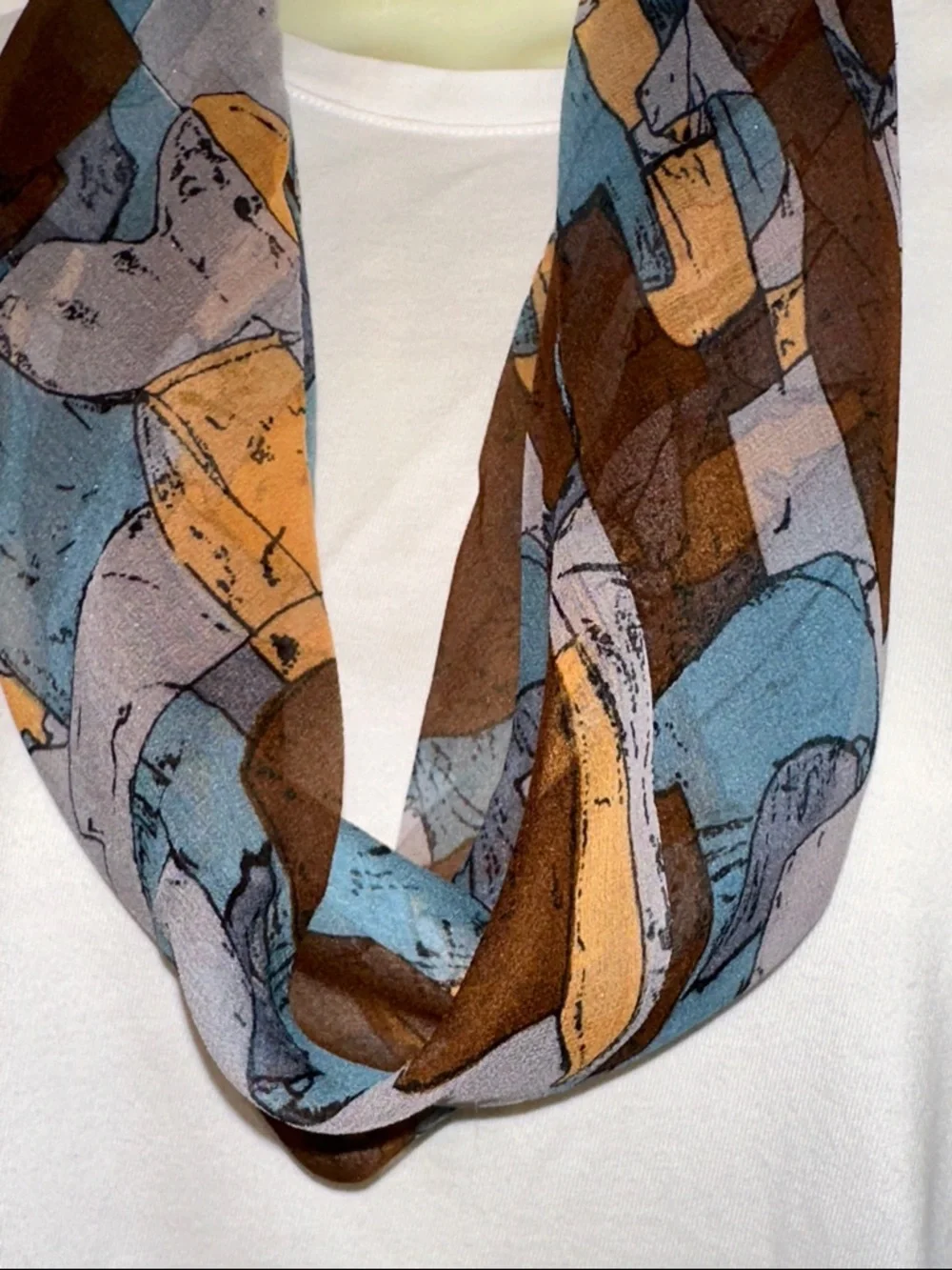 Vtg The Specialty House Blue, Brown,‎ Gold & Gray Abstract Infinity Silk Scarf